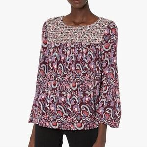 Lucky Brand Stretch Boho Paisley Floral Smocked Viscose Tunic Top